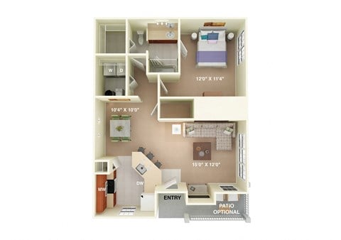 Floor plan for 1 bed, 1 bath, 764 sqft